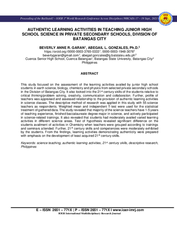 (PDF) AUTHENTIC LEARNING ACTIVITIES IN TEACHING JUNIOR HIGH SCHOOL