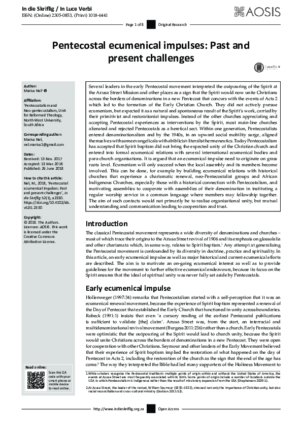 (PDF) Pentecostal ecumenical impulses: Past and present challenges