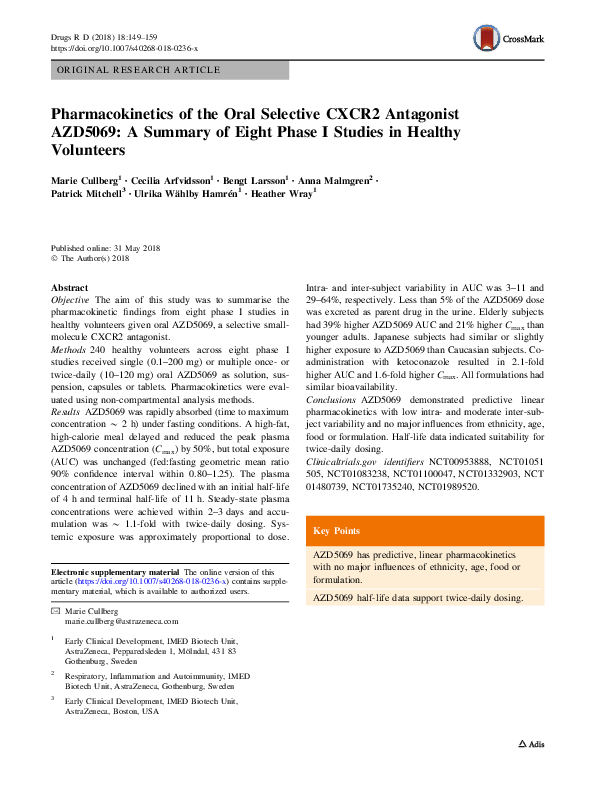(PDF) Pharmacokinetics of the Oral Selective CXCR2 Antagonist AZD5069 ...