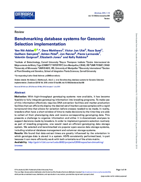 (PDF) Benchmarking Database Systems for Genomic Selection Implementation