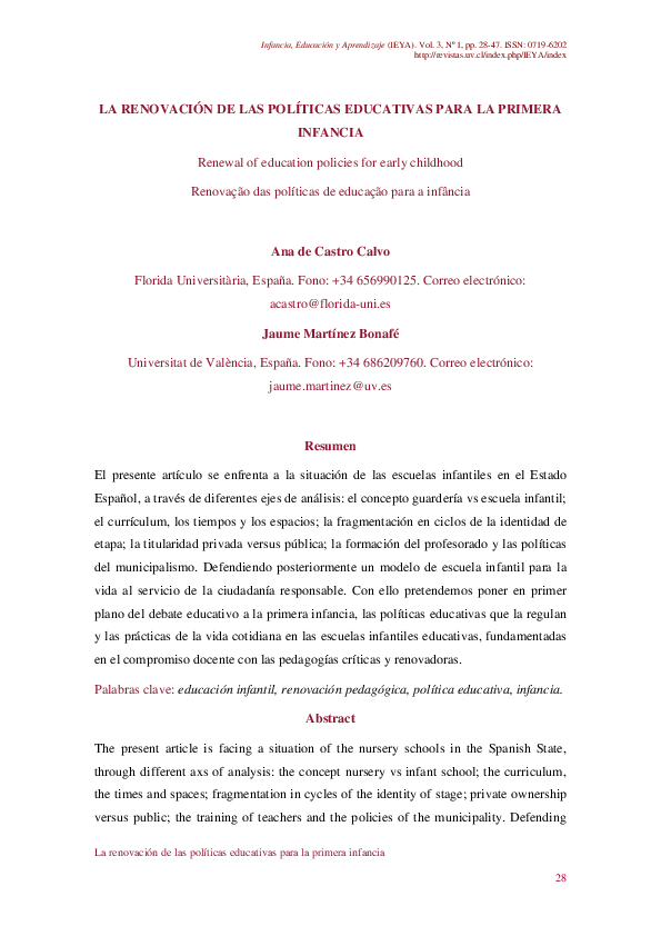 (PDF) La Renovación De Las Políticas Educativas Para La Primera Infancia