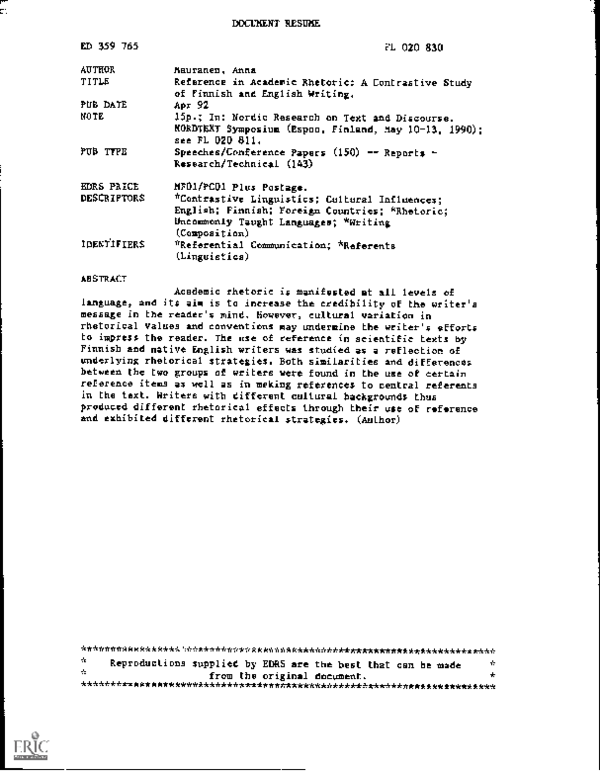 (PDF) Reference in Academic Rhetoric: A Contrastive Study of Finnish ...