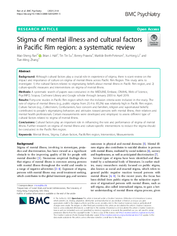 (PDF) Stigma of mental illness and cultural factors in Pacific Rim ...