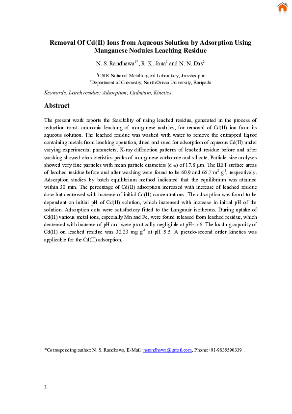 (PDF) Removal of Cd(II) ions from aqueous solution by adsorption using ...