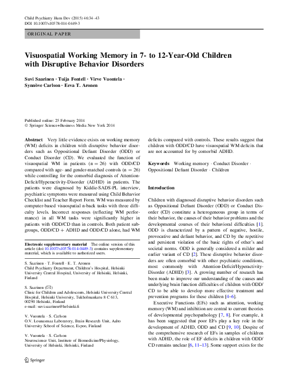 (PDF) Visuospatial Working Memory in 7- to 12-Year-Old Children with ...
