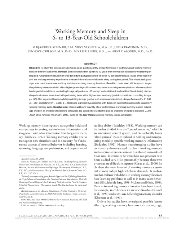 (PDF) Working Memory and Sleep in 6- to 13-Year-Old Schoolchildren