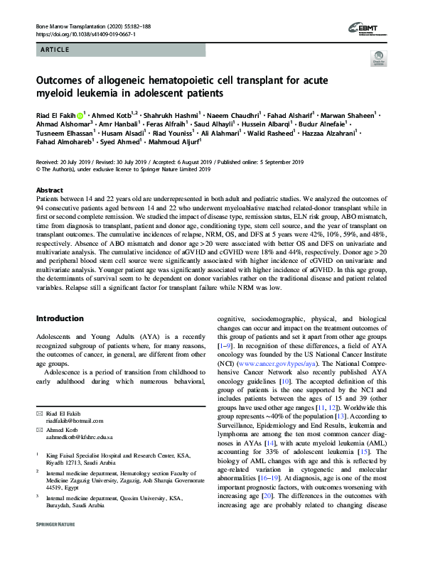 (PDF) Outcomes of allogeneic hematopoietic cell transplant for acute ...