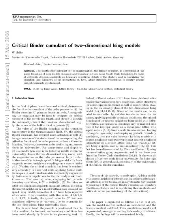(PDF) Critical Binder cumulant of two-dimensional Ising models