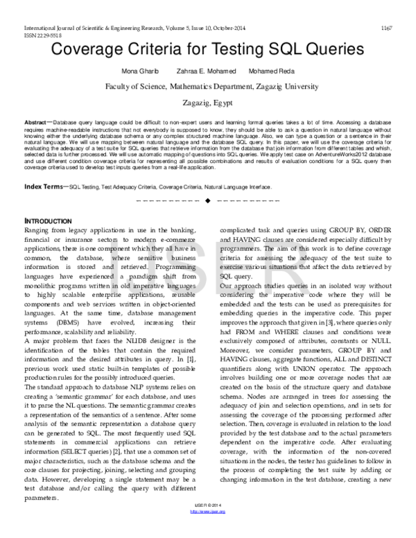 (PDF) Coverage Criteria for Testing SQL Queries