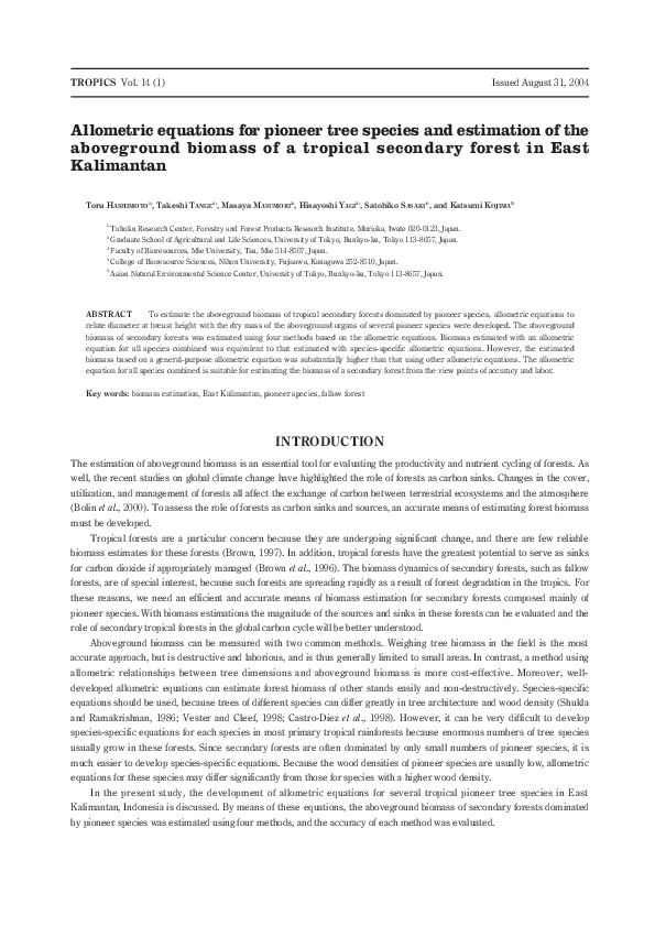 (PDF) Allometric equations for pioneer tree species and estimation of ...