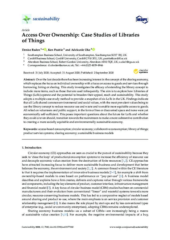 (PDF) Access Over Ownership: Case Studies of Libraries of Things
