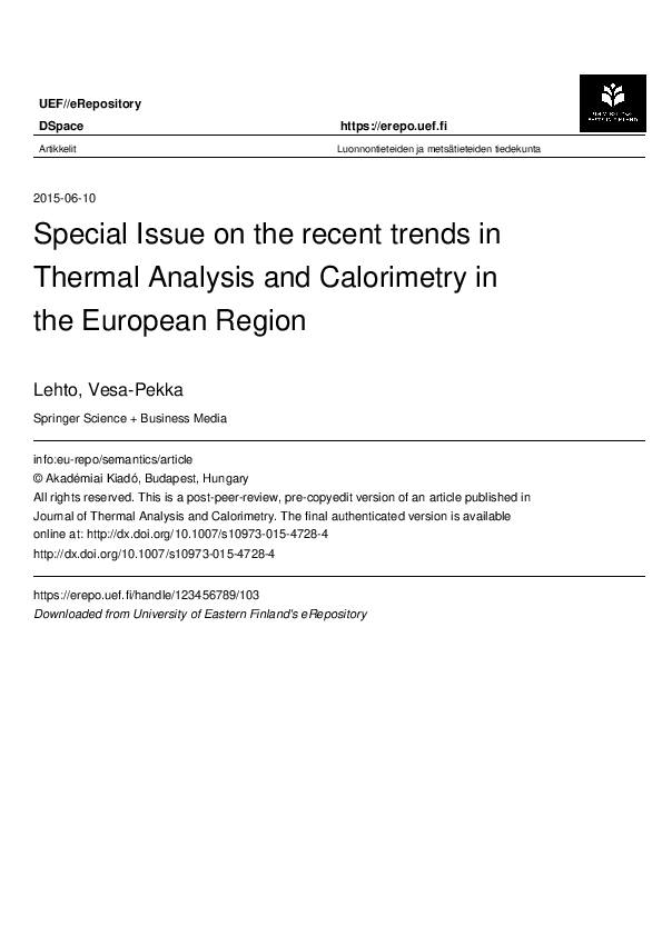 (PDF) Special Issue on the recent trends in Thermal Analysis and ...