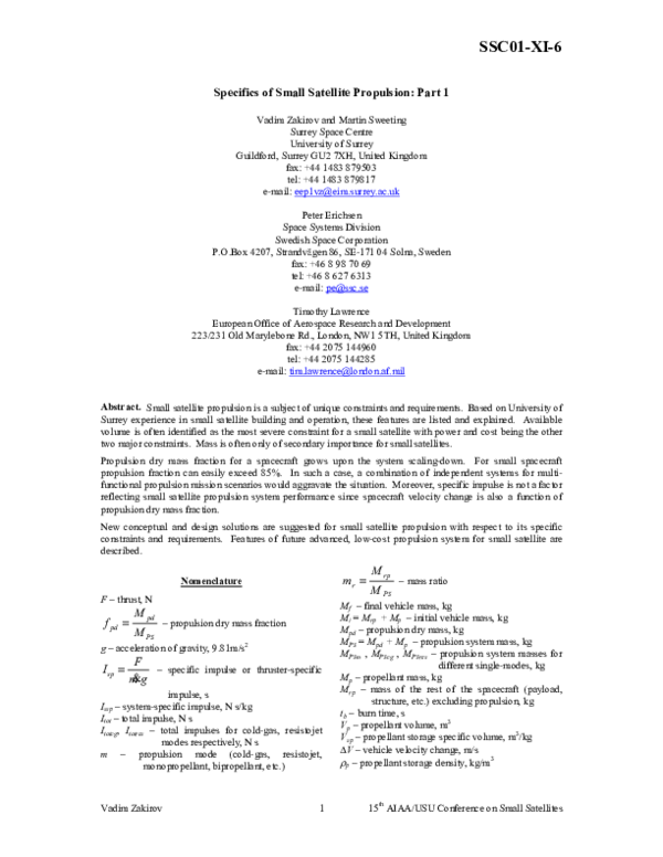 (PDF) Specifics of Small Satellite Propulsion: Part 1