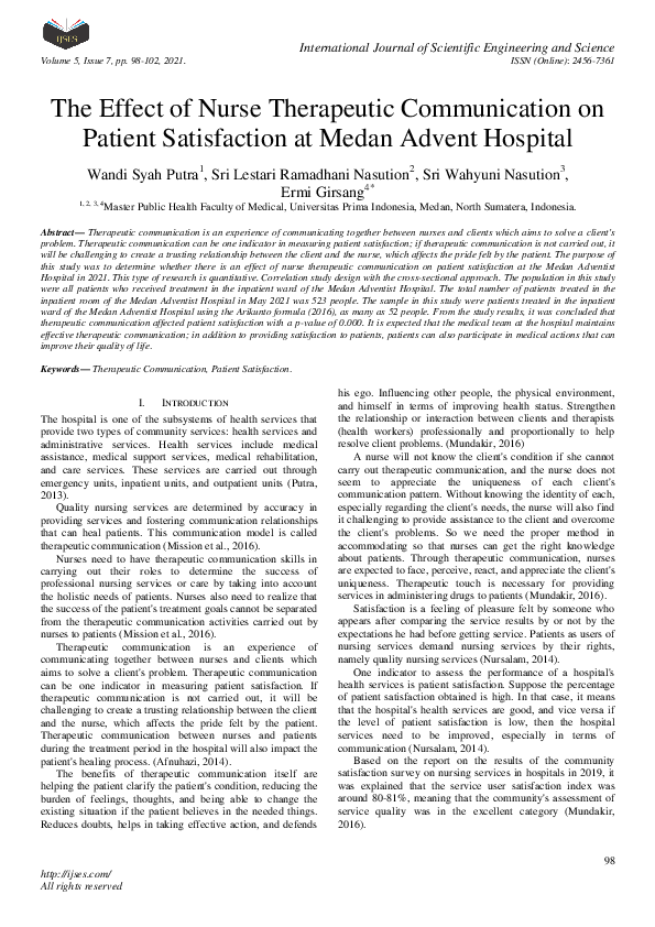(PDF) The Effect of Nurse Therapeutic Communication on Patient ...