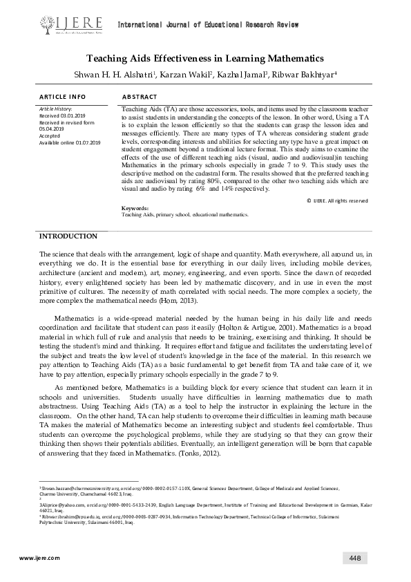 (PDF) Teaching Aids Effectiveness in Learning Mathematics