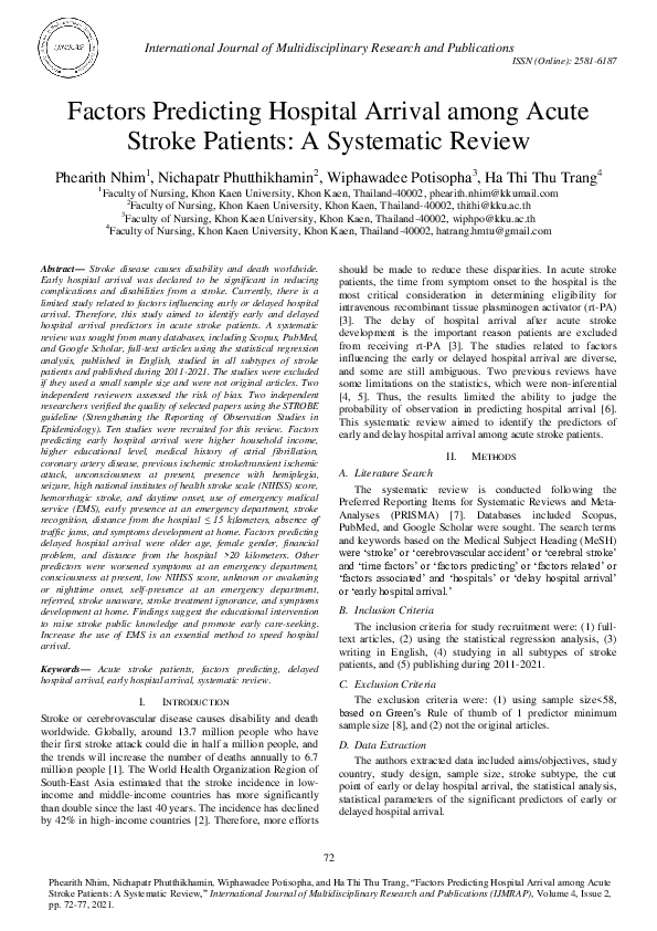 (PDF) Factors Predicting Hospital Arrival among Acute Stroke Patients ...