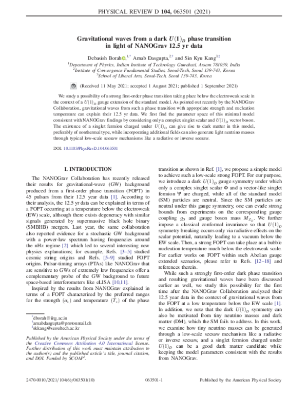 (PDF) Gravitational waves from a dark U(1)D phase transition in light ...