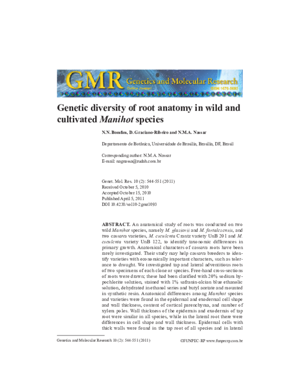 (PDF) Genetic diversity of root anatomy in wild and cultivated Manihot ...