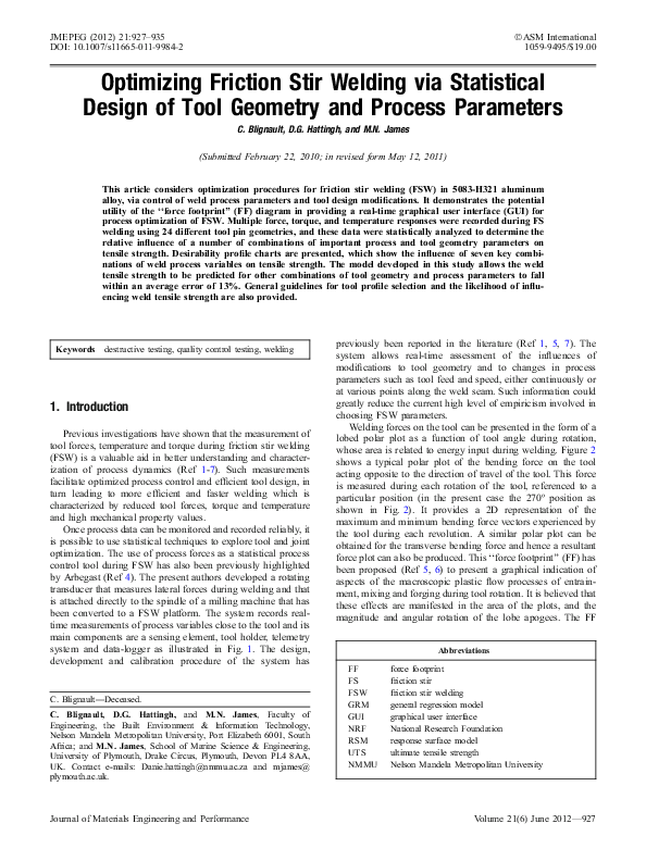 (PDF) Optimizing Friction Stir Welding via Statistical Design of Tool ...