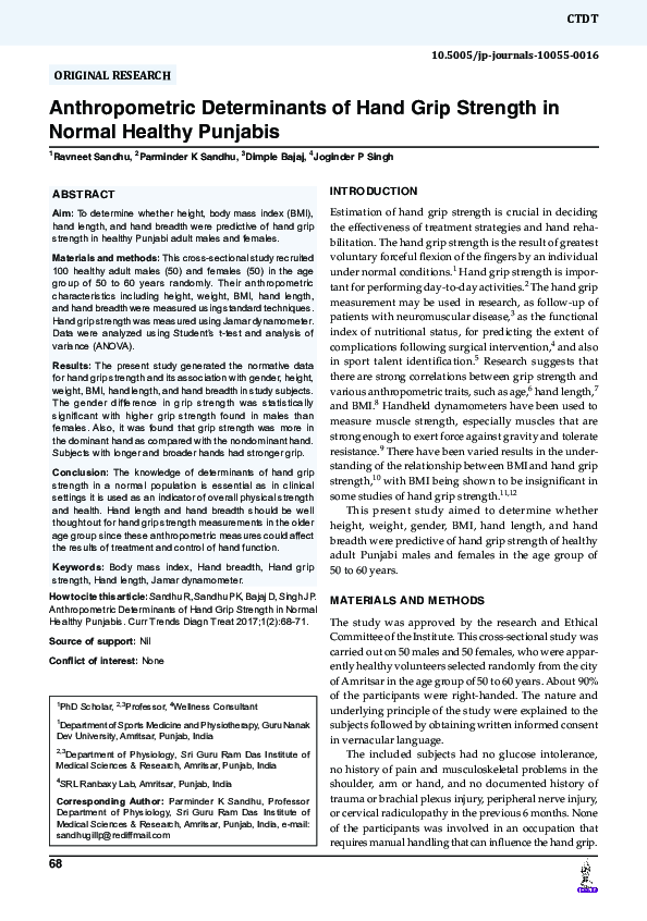 (PDF) Anthropometric Determinants of Hand Grip Strength in Normal ...