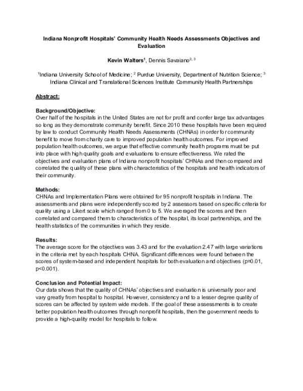 (PDF) Indiana Nonprofit Hospitals’ Community Health Needs Assessments ...