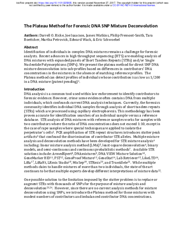 (PDF) The Plateau Method for Forensic DNA SNP Mixture Deconvolution