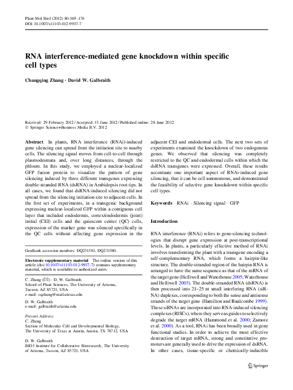 (PDF) RNA interference-mediated gene knockdown within specific cell types