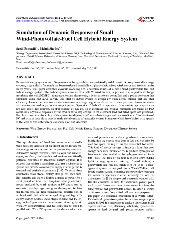 (PDF) Simulation of Dynamic Response of Small Wind-Photovoltaic-Fuel ...