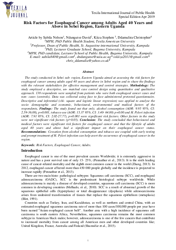 (PDF) Risk Factors for Esophageal Cancer among Adults Aged 40 Years and ...