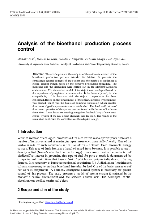 (PDF) Analysis of the bioethanol production process control