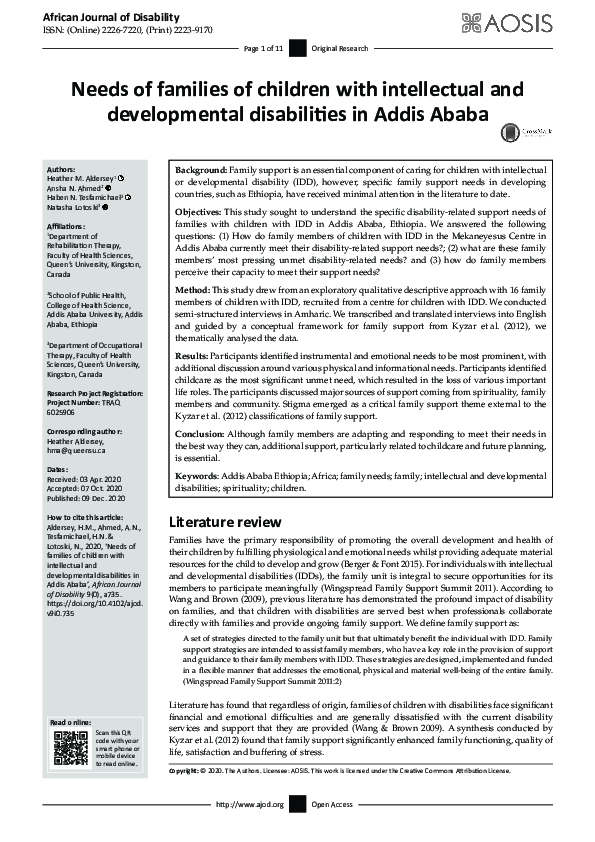 (PDF) Needs of families of children with intellectual and developmental ...