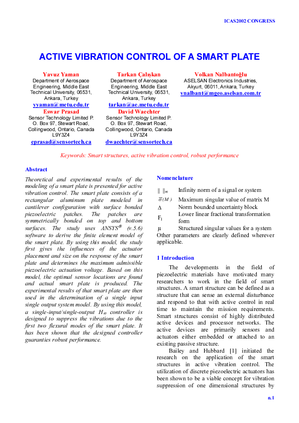 (PDF) Active Vibration Control of a Smart Plate