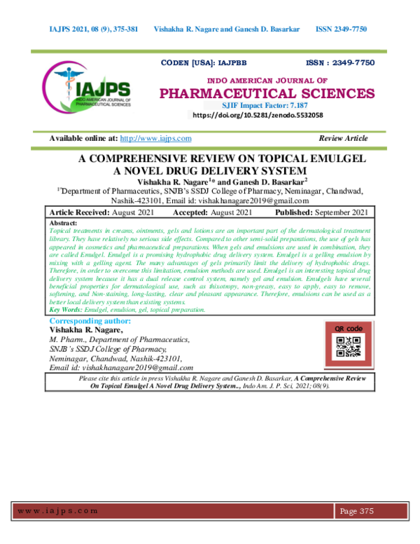 (PDF) A COMPREHENSIVE REVIEW ON TOPICAL EMULGEL A NOVEL DRUG DELIVERY ...