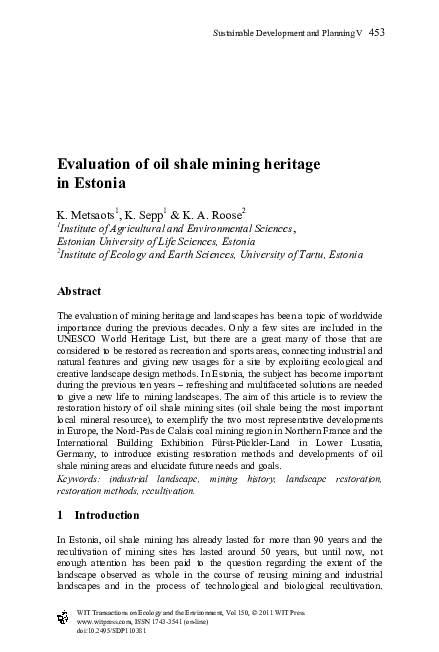 (PDF) Evaluation of oil shale mining heritage in Estonia