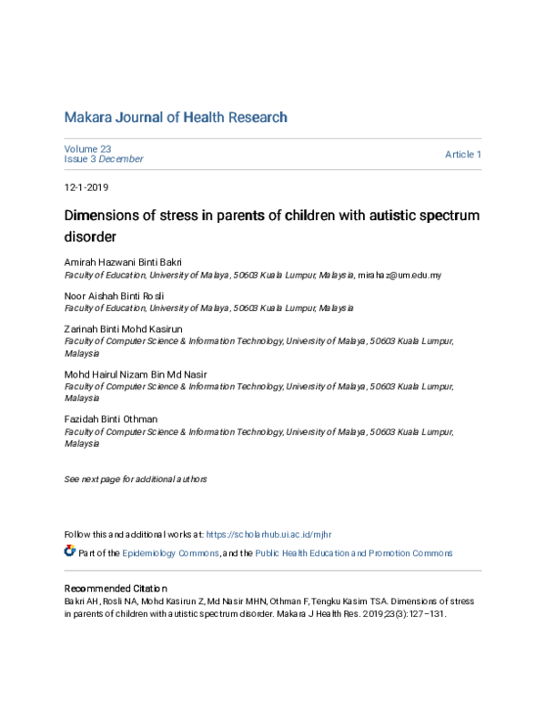 (PDF) Dimensions of stress in parents of children with autistic ...