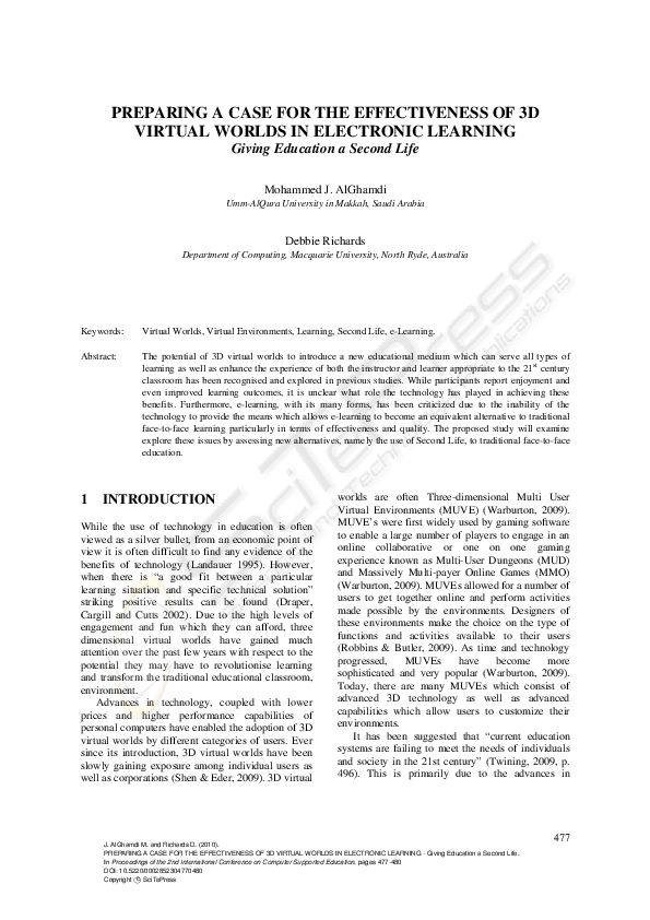 (PDF) Preparing a case for the effectiveness of 3D virtual worlds in ...