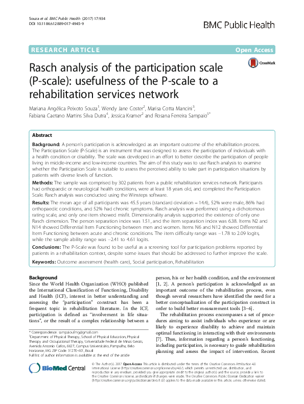 (PDF) Rasch analysis of the participation scale (P-scale): usefulness ...