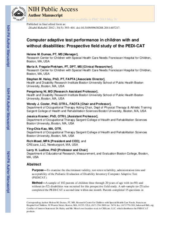 (PDF) Computer adaptive test performance in children with and without ...