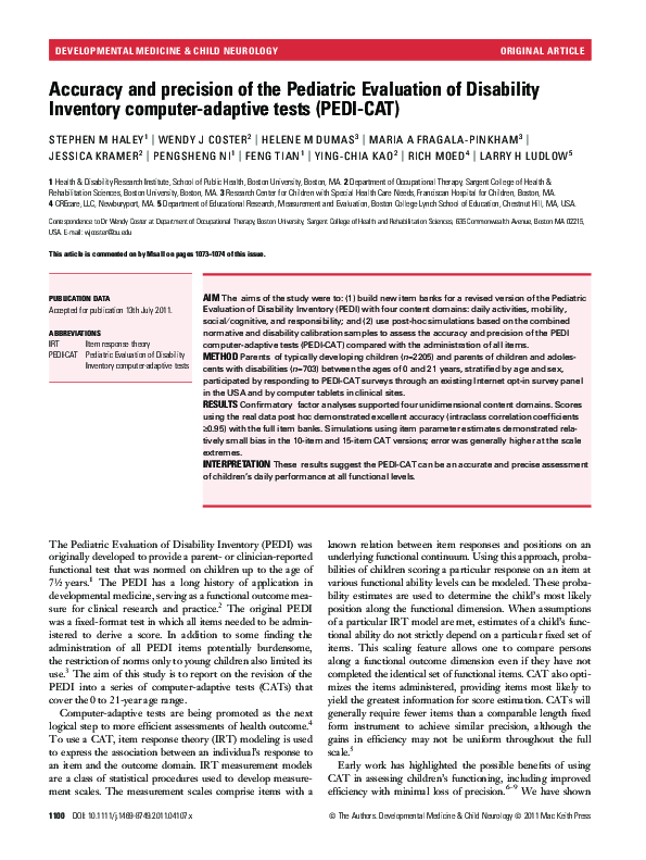 (PDF) Accuracy and precision of the Pediatric Evaluation of Disability ...