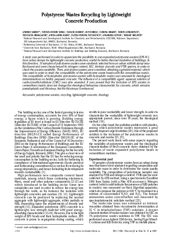 (PDF) Polystyrene Wastes Recycling by Lightweight Concrete Production