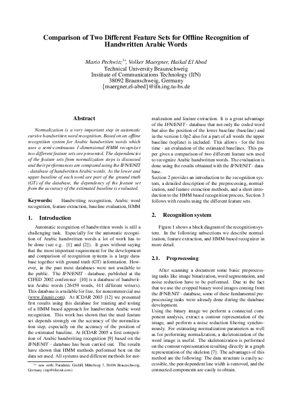 (PDF) Comparison of two different feature sets for offline recognition ...