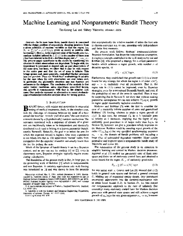 (PDF) Machine learning and nonparametric bandit theory