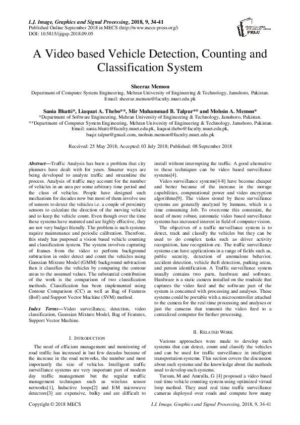 (PDF) A Video based Vehicle Detection, Counting and Classification System