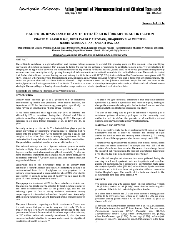 (PDF) Bacterial resistance of antibiotics used in urinary tract infection