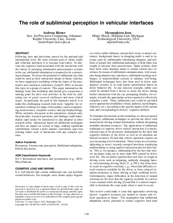 (PDF) The role of subliminal perception in vehicular interfaces