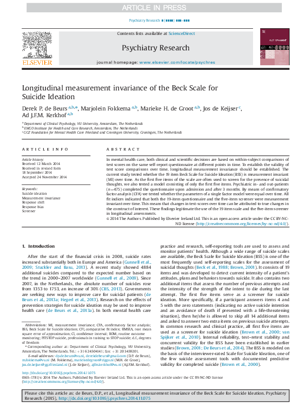 (PDF) Longitudinal measurement invariance of the Beck Scale for Suicide ...
