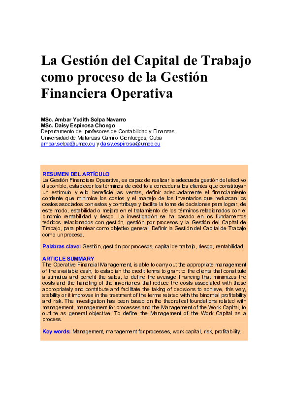  PDF La Gesti N Del Capital De Trabajo Como Proceso De La Gesti N 
