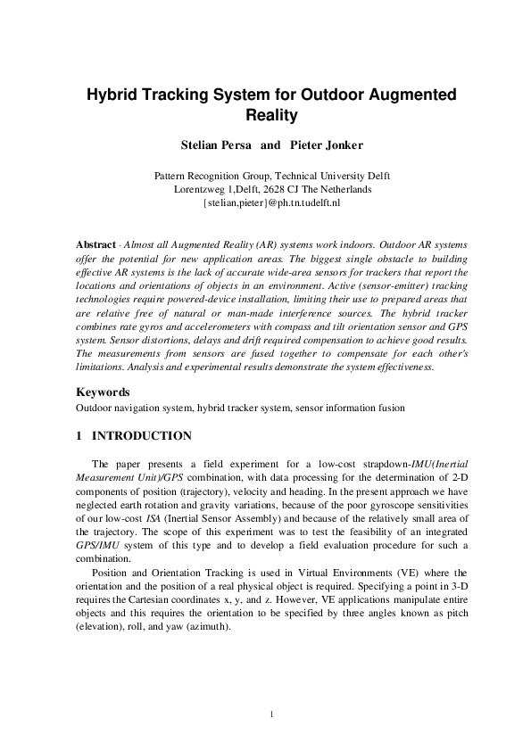 (PDF) Hybrid Tracking System for Outdoor Augmented Reality
