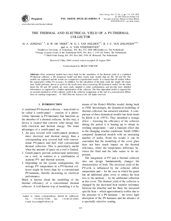 (PDF) The thermal and electrical yield of a PV-thermal collector