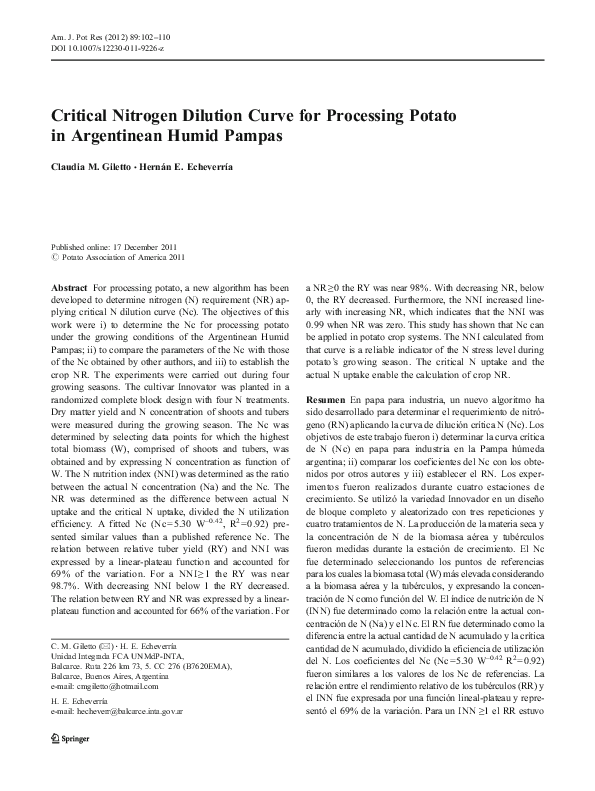 (PDF) Critical Nitrogen Dilution Curve for Processing Potato in ...